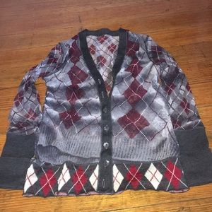 Gray, white, and maroon cardigan